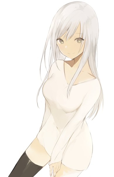 Anime picture 650x1002 with original lpip single long hair tall image looking at viewer fringe breasts simple background smile hair between eyes standing white background brown eyes long sleeves from above grey hair leaning zettai ryouiki girl
