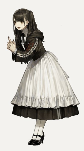 Anime picture 670x1200 with original sakauchi waka single long hair tall image fringe open mouth black hair simple background standing looking away full body nail polish grey background maid grey eyes high heels leaning leaning forward one side up