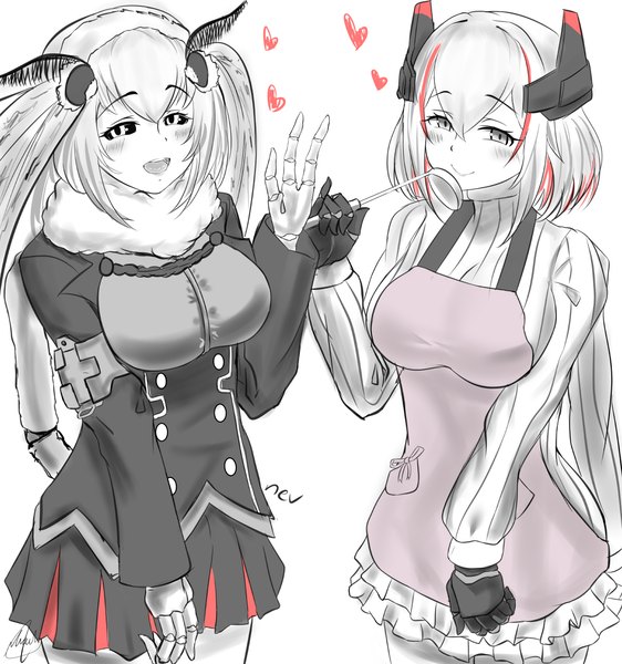 Anime picture 1151x1228 with azur lane original roon (azur lane) mashiro (solopipb) nev (nevblindarts) tall image looking at viewer fringe short hair breasts open mouth smile hair between eyes multiple girls holding signed :d multicolored hair streaked hair monochrome