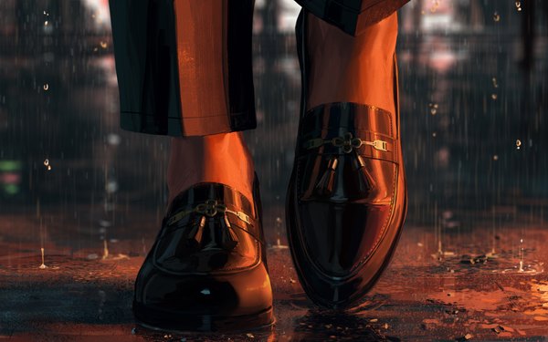 Anime picture 4000x2500 with original guweiz highres absurdres outdoors close-up rain head out of frame pov feet girl shoes