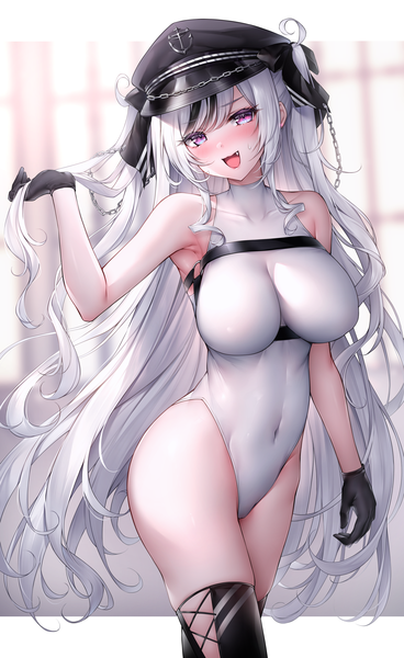 Anime picture 3130x5110 with azur lane elbe (azur lane) oyuwari single long hair tall image looking at viewer blush fringe highres breasts open mouth light erotic smile large breasts standing purple eyes payot absurdres silver hair