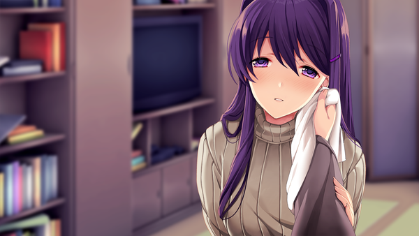 Anime picture 1280x720 with doki doki literature club yuri (doki doki literature club) protagonist (doki doki literature club) satchely long hair looking at viewer blush fringe hair between eyes wide image purple eyes holding game cg purple hair indoors long sleeves parted lips blurry depth of field outstretched arm