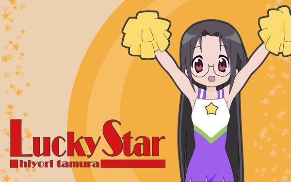 Anime picture 1920x1200 with lucky star kyoto animation tamura hiyori long hair highres black hair wide image purple eyes cheerleader girl