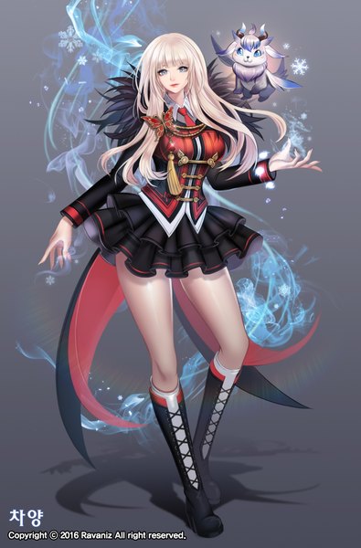 Anime picture 1410x2141 with blade & soul ravaniz single long hair tall image looking at viewer blue eyes white hair grey background glowing girl dress boots insect butterfly snowflake (snowflakes)