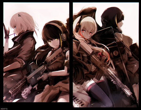 Anime picture 1032x811 with girls frontline m4a1 (girls frontline) m4 sopmod ii (girls frontline) st ar-15 (girls frontline) m16a1 (girls frontline) nekoya (liu) long hair short hair black hair smile red eyes multiple girls yellow eyes white hair profile multicolored hair two-tone hair zettai ryouiki streaked hair multiview