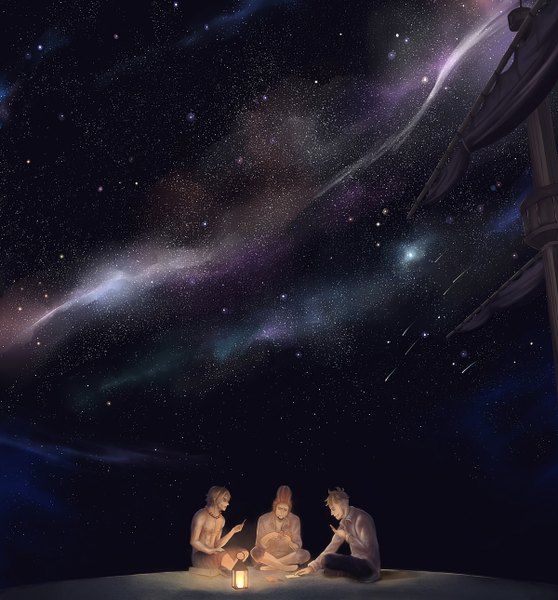 Anime picture 1200x1290 with one piece toei animation portgas d. ace marco (one piece) thatch megatruh tall image short hair black hair blonde hair smile brown hair sitting night night sky topless aurora borealis boy shirt star (stars)