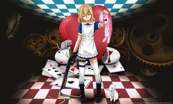 Anime picture 2650x1600 with alice in wonderland alice (wonderland) highres short hair blonde hair wide image green eyes checkered floor girl thighhighs weapon animal white thighhighs heart gun cat toy stuffed animal bunny card (cards)