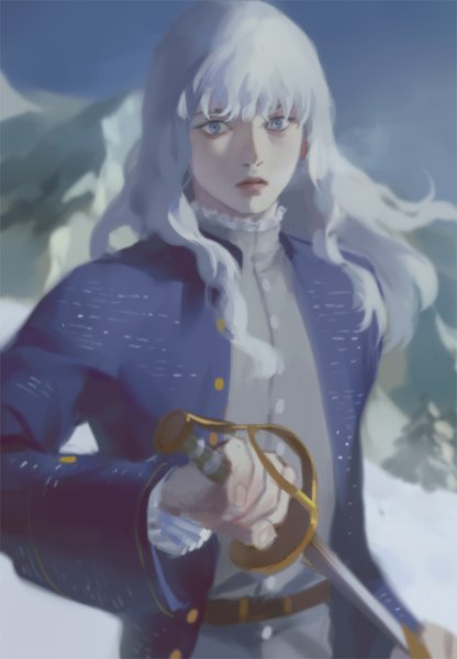 Anime picture 600x864 with berserk griffith emg (christain) single long hair tall image looking at viewer fringe blue eyes standing holding sky outdoors white hair wind blurry snow boy weapon sword