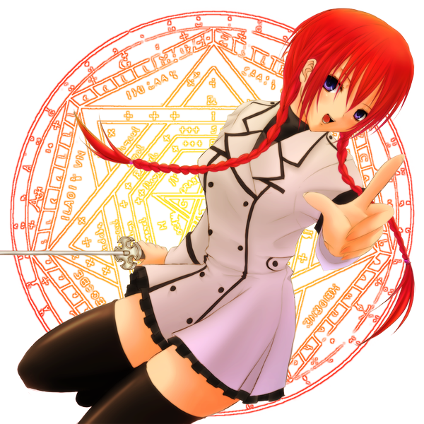 Anime picture 1200x1200 with harukaze tsukushi single long hair open mouth purple eyes red hair braid (braids) transparent background girl thighhighs weapon black thighhighs sword jacket