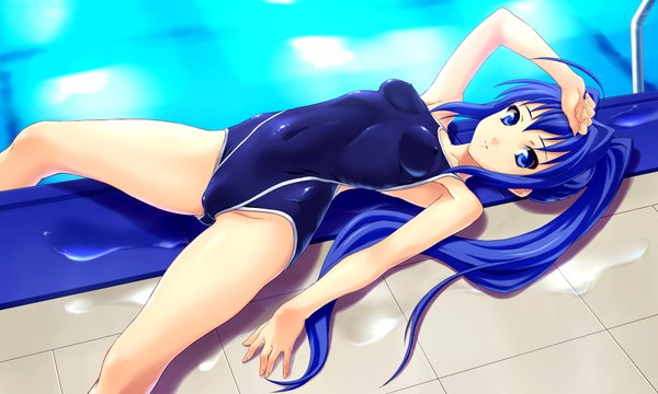 Anime picture 1800x1080 with kimi ga nozomu eien hayase mitsuki norizou type-r single long hair highres blue eyes light erotic wide image blue hair girl swimsuit one-piece swimsuit school swimsuit