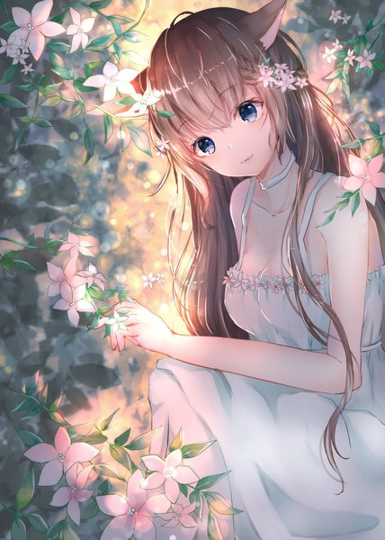 Anime picture 1284x1800 with original sakura mochiko single long hair tall image blush fringe breasts blue eyes hair between eyes brown hair animal ears looking away cleavage ahoge outdoors braid (braids) hair flower light smile cat ears