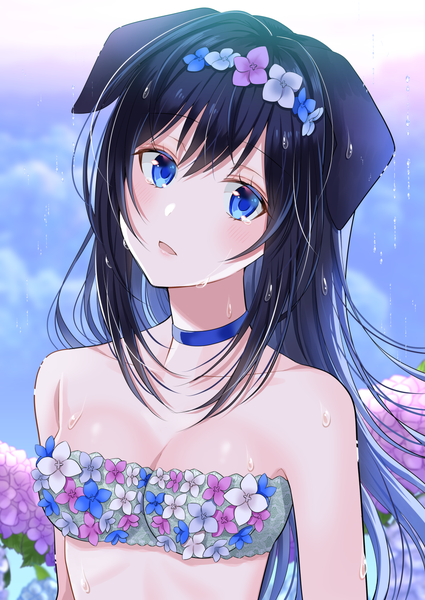 Anime picture 1000x1412 with original myusha single long hair tall image looking at viewer blush fringe breasts open mouth blue eyes light erotic black hair hair between eyes bare shoulders animal ears payot cleavage cloud (clouds) upper body