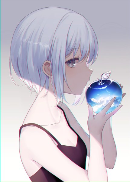 Anime picture 717x1000 with original achiki single tall image looking at viewer blush fringe short hair simple background hair between eyes holding sky silver hair cloud (clouds) upper body grey eyes sleeveless gradient background shaded face double exposure