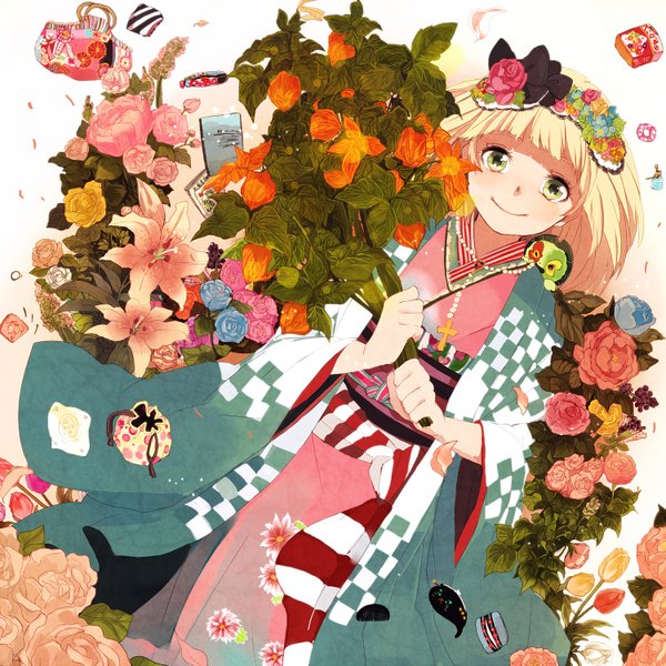 Anime picture 1500x1500 with ao no exorcist a-1 pictures moriyama shiemi nii (ao no exorcist) single looking at viewer fringe short hair blonde hair smile green eyes traditional clothes japanese clothes hair flower girl hair ornament flower (flowers) animal kimono rose (roses)