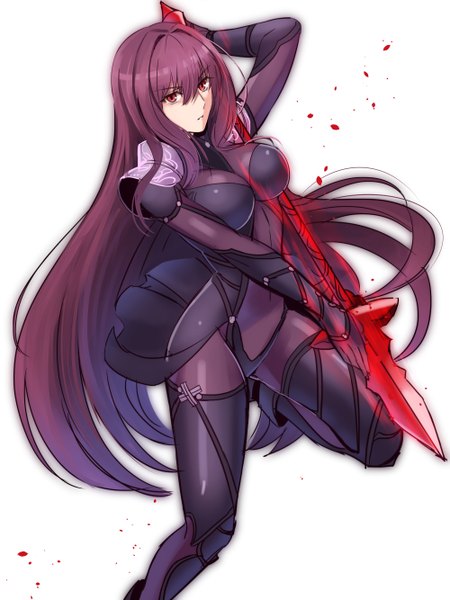 Anime-Bild 1000x1334 mit fate (series) fate/grand order scathach (fate) (all) scathach (fate) shimo (s kaminaka) single tall image looking at viewer fringe breasts light erotic simple background hair between eyes red eyes large breasts standing white background purple hair very long hair thighs