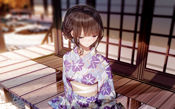 Anime-Bild 2560x1600 mit original atha (leejuiping) single fringe highres short hair brown hair sitting purple eyes looking away outdoors blunt bangs braid (braids) traditional clothes parted lips japanese clothes from above blurry floral print girl