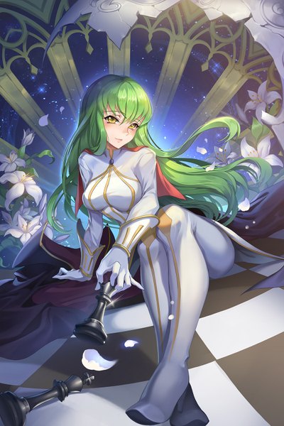Anime picture 1000x1500 with code geass sunrise (studio) c.c. single long hair tall image looking at viewer fringe yellow eyes green hair girl gloves flower (flowers) petals white gloves chess