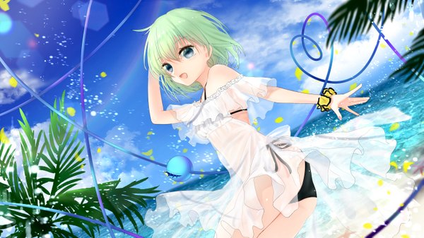 Anime picture 5669x3189 with touhou komeiji koishi chikawa shibainu single looking at viewer fringe highres short hair open mouth blue eyes light erotic smile hair between eyes wide image standing absurdres sky cloud (clouds) outdoors :d