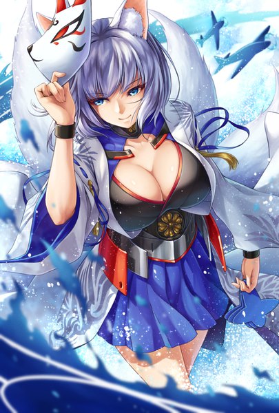 Anime picture 676x1000 with azur lane kaga (azur lane) lioreo single tall image fringe short hair breasts blue eyes light erotic smile large breasts standing holding animal ears looking away cleavage silver hair tail traditional clothes