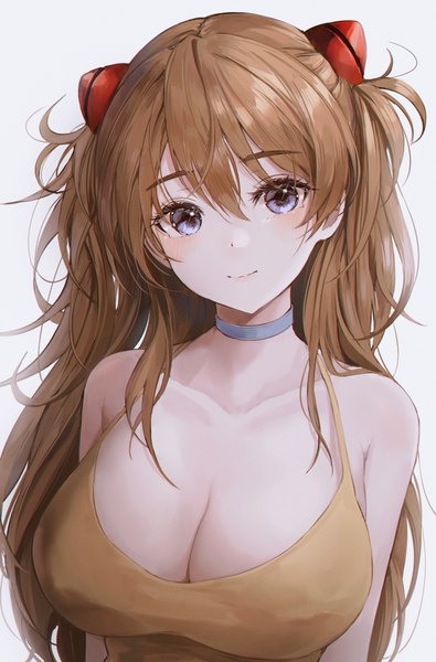 Anime picture 2966x4500 with neon genesis evangelion gainax soryu asuka langley bbeedol single long hair tall image looking at viewer blush fringe highres breasts blue eyes light erotic simple background brown hair large breasts bare shoulders cleavage upper body