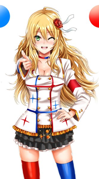 Anime picture 500x901 with idolmaster idolmaster movie hoshii miki inu (marukome) single long hair tall image blush fringe open mouth simple background blonde hair smile white background green eyes cleavage one eye closed wink hand on hip outstretched arm
