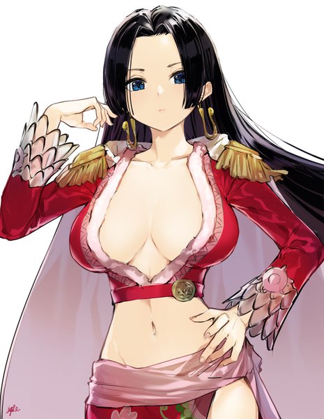 Anime picture 3029x3905 with one piece toei animation boa hancock takenoko no you single long hair tall image looking at viewer highres breasts blue eyes light erotic black hair simple background large breasts white background payot absurdres cleavage midriff