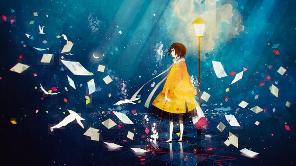 Anime picture 1920x1080 with original tokumu kyuu single highres short hair brown hair wide image reflection checkered floor soft beauty girl scarf moon star (stars) cloak paper thread red thread