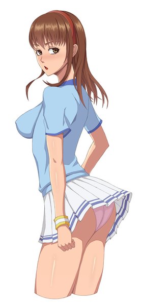 Anime picture 465x1000 with dead or alive hitomi hayate (leaf98k) single long hair tall image blush light erotic simple background brown hair white background brown eyes pantyshot girl skirt underwear panties miniskirt hairband