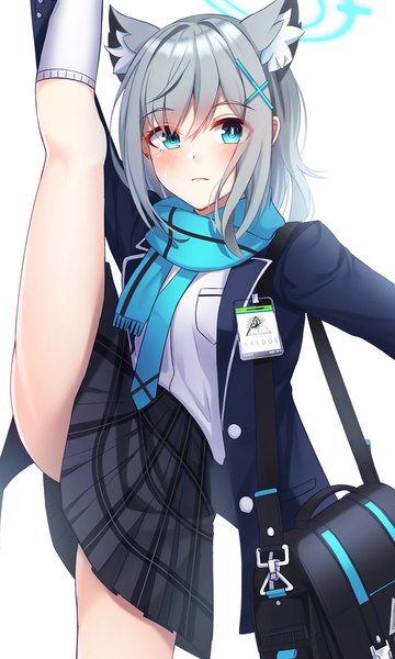 Anime picture 900x1500 with blue archive shiroko (blue archive) angel ina single tall image looking at viewer blush short hair light erotic simple background standing white background animal ears pleated skirt aqua eyes grey hair standing on one leg extra ears split standing split