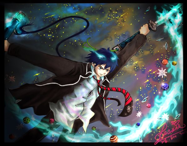 Anime picture 2876x2243 with ao no exorcist a-1 pictures okumura rin single highres short hair blue eyes signed blue hair tail inscription open clothes open jacket glowing boy weapon sword necktie katana suit