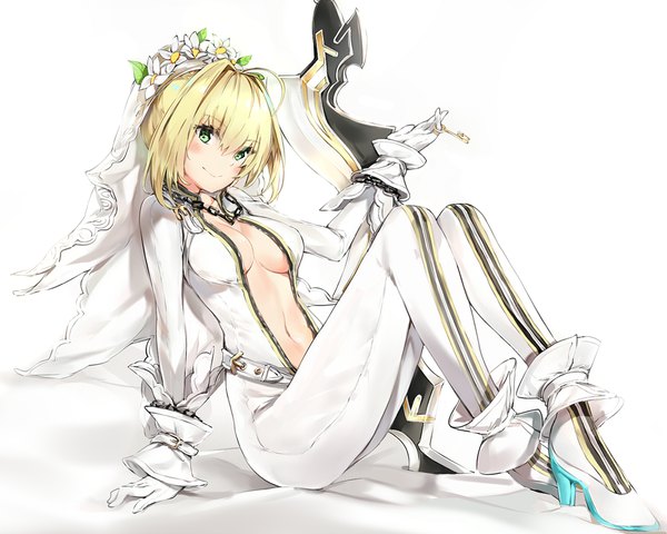 Anime picture 1300x1040 with fate (series) fate/extra fate/extra ccc nero claudius (fate) (all) nero claudius (fate) nero claudius (bride) (fate) silver (chenwen) single looking at viewer blush fringe short hair breasts light erotic simple background blonde hair hair between eyes large breasts white background sitting