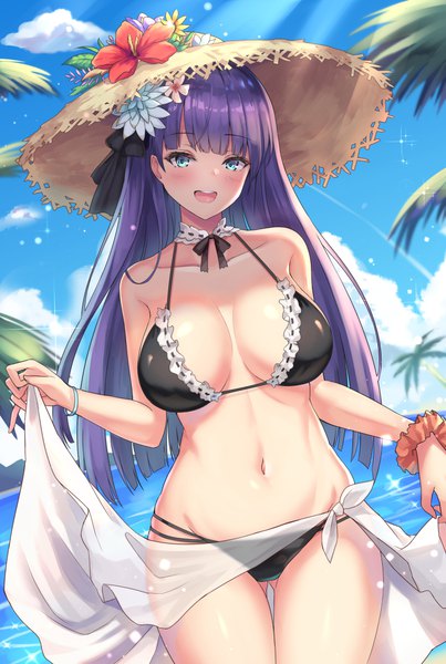 Anime picture 739x1100 with fate (series) fate/grand order martha (fate) martha (swimsuit ruler) (fate) cenangam single long hair tall image looking at viewer blush fringe breasts open mouth blue eyes light erotic smile large breasts bare shoulders sky cleavage
