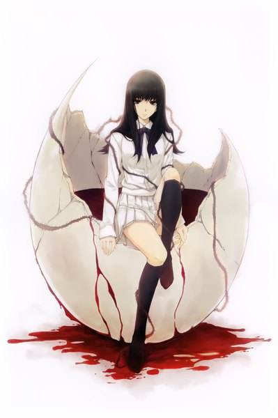Anime picture 2662x4000 with kara no shoujo innocent grey kuchiki toko sugina miki single long hair tall image looking at viewer fringe highres blue eyes black hair simple background smile white background sitting full body bent knee (knees) pleated skirt scan