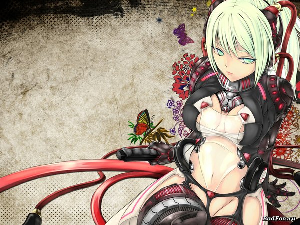 Anime picture 1024x768 with snyp (r0pyns) single long hair light erotic white hair aqua eyes girl gloves navel flower (flowers) weapon insect butterfly wire (wires)