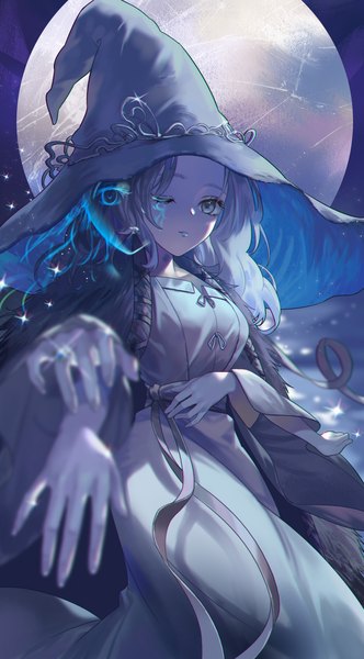 Anime picture 1294x2342 with elden ring ranni the witch peach luo single long hair tall image looking at viewer one eye closed grey hair grey eyes outstretched hand girl dress hat moon witch hat full moon