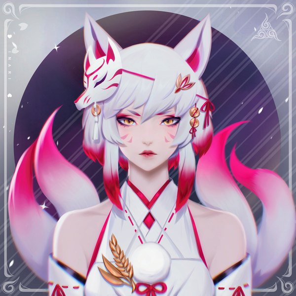 Anime-Bild 1680x1680 mit original paul (shiramune) single looking at viewer fringe short hair hair between eyes bare shoulders animal ears yellow eyes payot upper body white hair tail traditional clothes japanese clothes animal tail multicolored hair lips two-tone hair