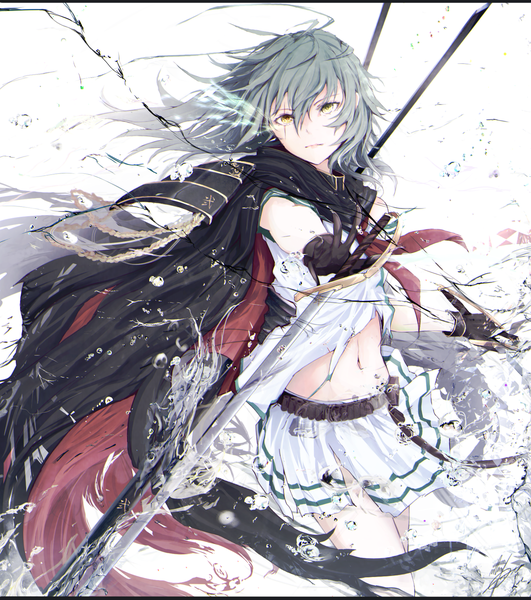 Anime picture 1541x1741 with kantai collection kiso light cruiser marumoru single long hair tall image looking at viewer hair between eyes yellow eyes grey hair glowing glowing eye (eyes) girl skirt gloves navel weapon sword black gloves bubble (bubbles)
