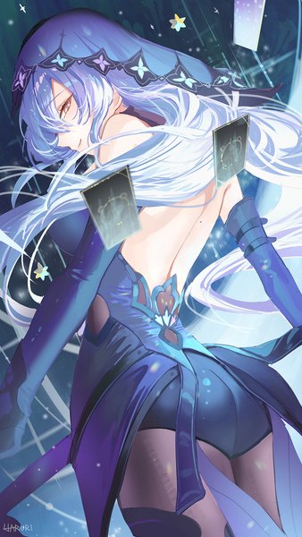 Anime picture 1000x1776 with honkai: star rail honkai (series) black swan (honkai: star rail) haruri single long hair tall image light erotic standing signed yellow eyes silver hair ass profile from behind mole back bare back girl card (cards)