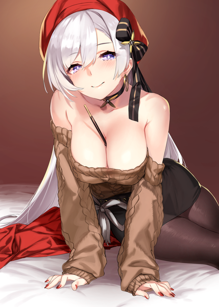 Anime picture 1787x2500 with azur lane belfast (azur lane) belfast (shopping with the head maid) (azur lane) 92m single long hair tall image blush fringe highres breasts light erotic smile hair between eyes large breasts sitting purple eyes bare shoulders cleavage silver hair