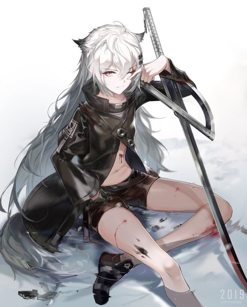 Anime picture 1200x1490 with arknights lappland (arknights) rabbit (tukenitian) single long hair tall image looking at viewer fringe simple background hair between eyes sitting animal ears yellow eyes payot white hair one eye closed arm up from above partially submerged scar