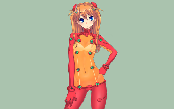Anime picture 1920x1200 with neon genesis evangelion rebuild of evangelion evangelion: 2.0 you can (not) advance gainax soryu asuka langley shikinami asuka langley single long hair looking at viewer blush fringe highres blue eyes simple background wide image standing orange hair midriff hand on hip soft beauty