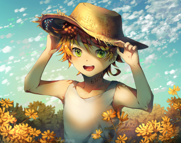 Anime picture 2112x1672 with yakusoku no neverland cloverworks emma (yakusoku no neverland) kkotto single looking at viewer fringe highres short hair open mouth hair between eyes bare shoulders green eyes signed sky cloud (clouds) upper body outdoors :d orange hair
