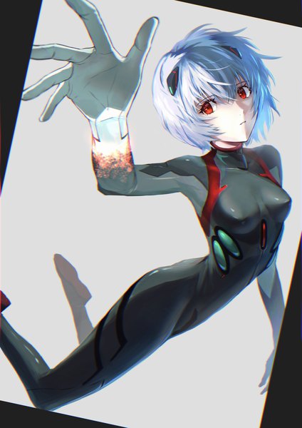 Anime picture 2480x3508 with neon genesis evangelion rebuild of evangelion evangelion: 3.0+1.0 thrice upon a time gainax ayanami rei acchom zatta single tall image looking at viewer fringe highres short hair simple background hair between eyes red eyes blue hair grey background girl bodysuit pilot suit