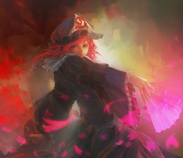 Anime picture 1198x1037 with touhou saigyouji yuyuko azzie (pixiv) single long hair pink hair japanese clothes pink eyes light smile lips from behind realistic magic spread arms face girl dress hat petals fan