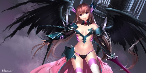Anime picture 2480x1240 with venus blood tyrca (venus blood) swd3e2 single long hair looking at viewer fringe highres breasts open mouth light erotic brown hair wide image purple eyes watermark black wings girl thighhighs gloves navel