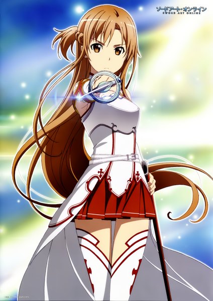 Anime picture 2100x2970 with sword art online a-1 pictures yuuki asuna single long hair tall image looking at viewer highres brown hair brown eyes scan zettai ryouiki girl thighhighs skirt weapon miniskirt white thighhighs sword cloak