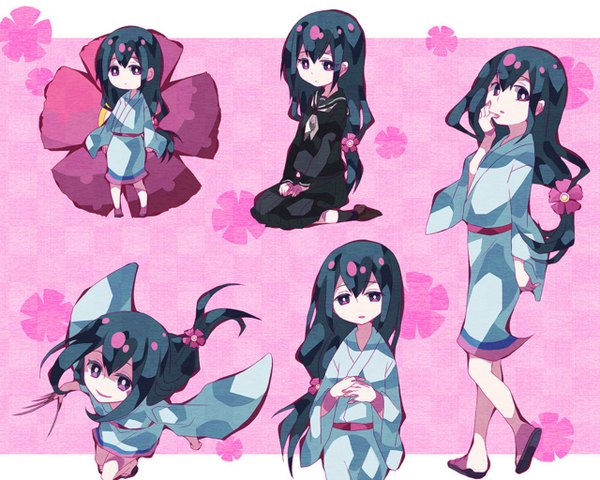Anime picture 1280x1024 with katanagatari white fox yasuri nanami kotoko (oxxxo) single long hair looking at viewer fringe open mouth black hair smile standing sitting bent knee (knees) long sleeves traditional clothes head tilt japanese clothes pleated skirt pink eyes