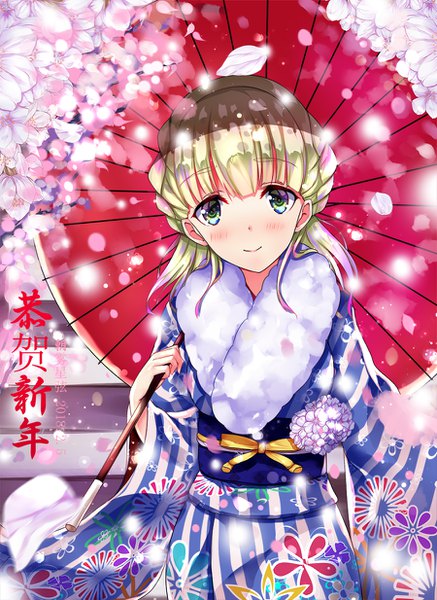 Anime picture 900x1234 with death march kara hajimaru isekai kyousoukyoku zena marientail chao wu xing xian single long hair tall image looking at viewer blush fringe blonde hair smile standing holding green eyes braid (braids) traditional clothes japanese clothes wide sleeves cherry blossoms floral print