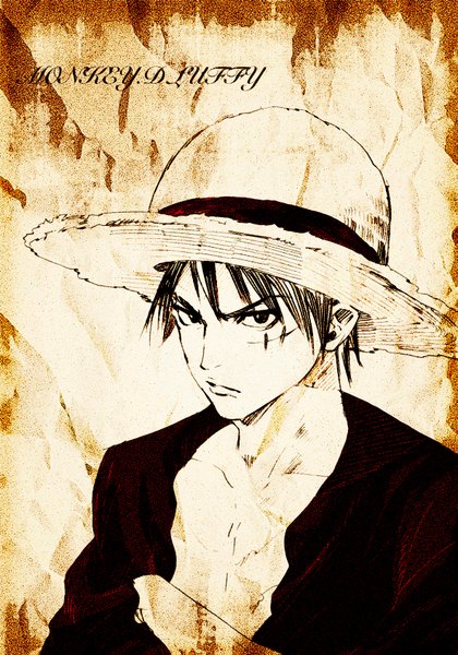 Anime picture 1181x1687 with one piece toei animation monkey d. luffy nagasode fusoku single tall image looking at viewer short hair black eyes inscription monochrome scar crossed arms dark hair boy hat headdress straw hat stitches