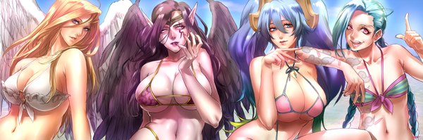 Anime picture 2000x666 with league of legends sona buvelle jinx (league of legends) morgana (league of legends) kayle (league of legends) non (nonzile) long hair looking at viewer breasts blue eyes light erotic blonde hair wide image large breasts twintails multiple girls blue hair purple hair pink eyes multicolored hair